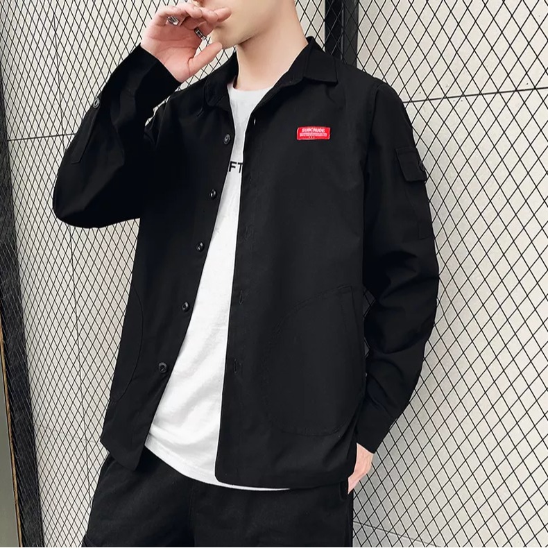 長袖襯衫男士春秋季襯衣外套韓版潮流港風休閑寬松工裝上衣服帥氣-細節圖9