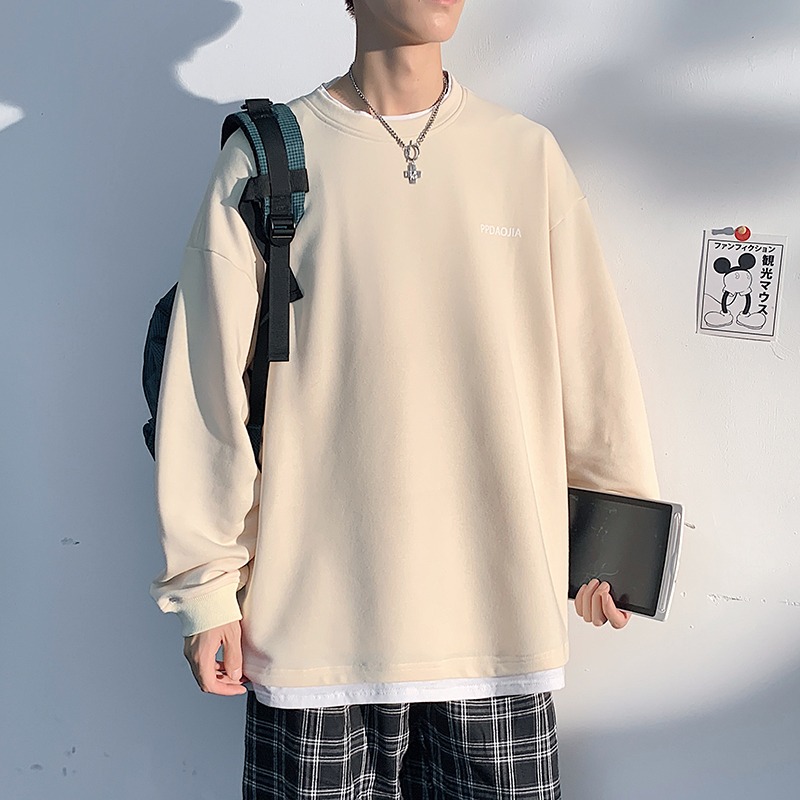 冬季加絨加厚無帽假兩件衛衣男春秋潮牌ins大碼寬松圓領長袖上衣-細節圖3