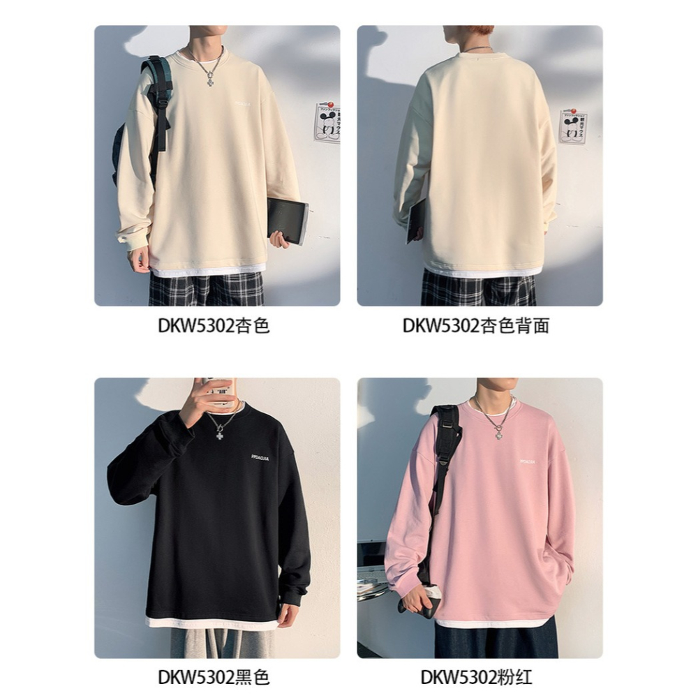 冬季加絨加厚無帽假兩件衛衣男春秋潮牌ins大碼寬松圓領長袖上衣-細節圖7