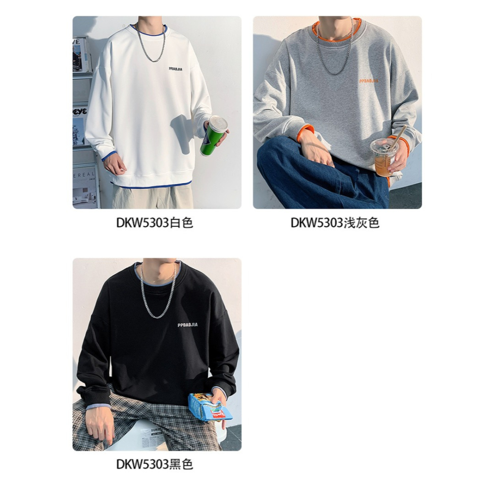 冬季加絨加厚無帽假兩件衛衣男春秋潮牌ins大碼寬松圓領長袖上衣-細節圖9