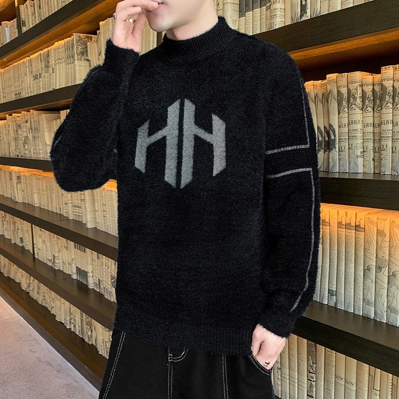 水貂絨毛衣男士半高領打底衫加絨加厚青少年保暖羊毛衫秋冬季線衣-細節圖2