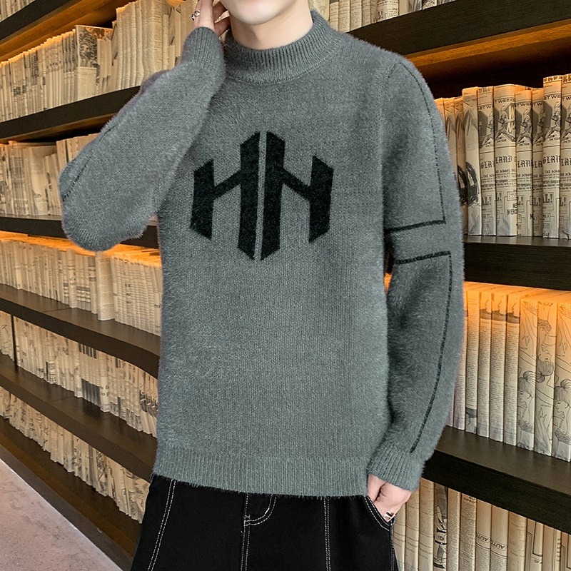 水貂絨毛衣男士半高領打底衫加絨加厚青少年保暖羊毛衫秋冬季線衣-細節圖3