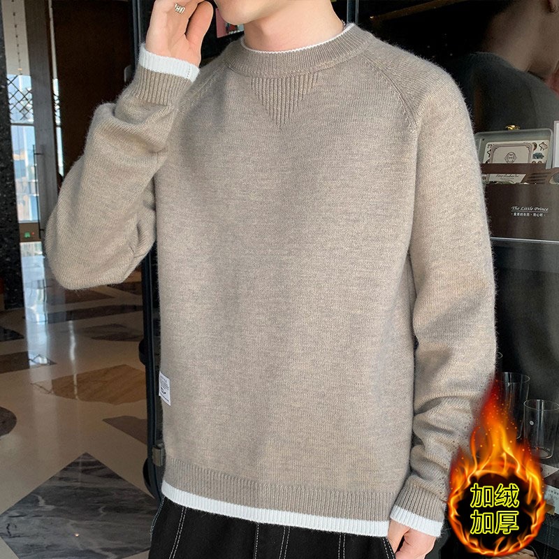2021新款春秋季潮流圓領毛衣男士寬松加絨加厚冬裝打底針織衫線衣-細節圖2