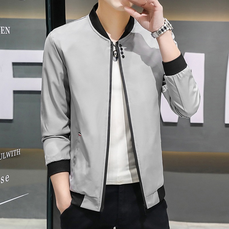 男士外套春夏2021新款韓版潮流薄款棒球衣服純色圓領休閑夾克男裝-細節圖2