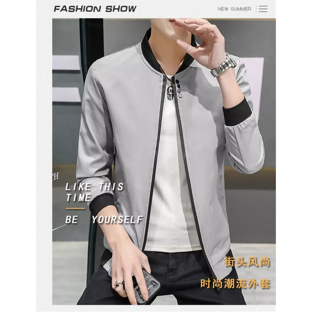 男士外套春夏2021新款韓版潮流薄款棒球衣服純色圓領休閑夾克男裝-細節圖6
