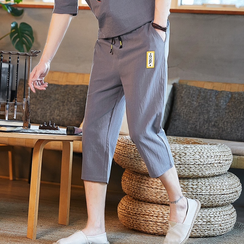 亞麻七分褲男夏季薄款寬松棉麻褲子休閑短褲2021年潮流百搭7分褲-細節圖2