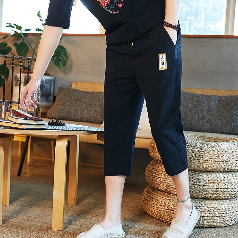 亞麻七分褲男夏季薄款寬松棉麻褲子休閑短褲2021年潮流百搭7分褲-細節圖3