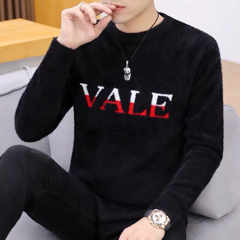 春秋季水貂絨毛衣男士潮流寬松針織衫加絨加厚秋裝上衣保暖線衣服-細節圖2