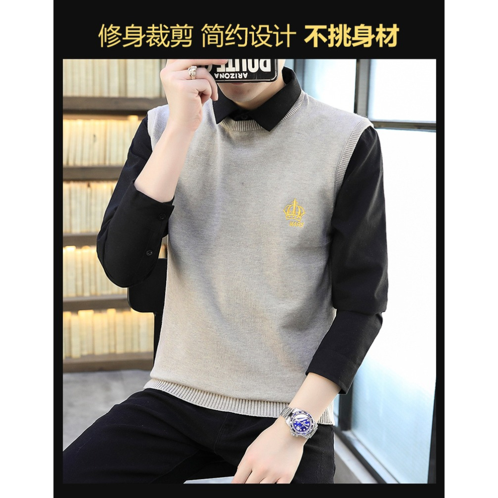 襯衫領毛衣男韓版潮流個性假兩件針織衫春秋2021新款保暖打底線衣-細節圖7