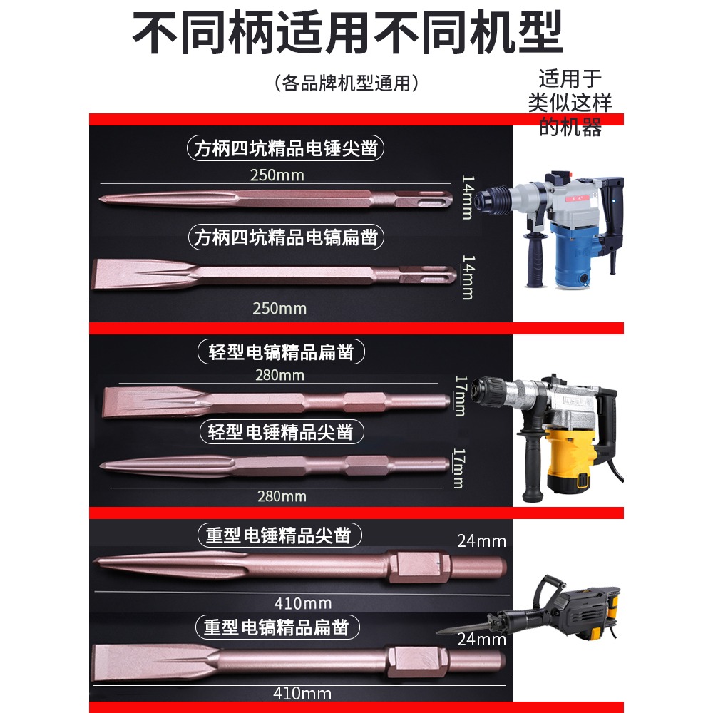 65A電鎬鑿子六角尖扁鎬頭鎬釬重型大電錘沖擊鉆頭加長合金扁鑿-細節圖2
