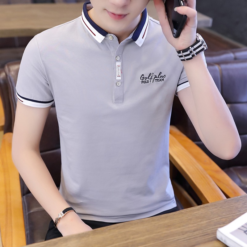 夏季潮流男裝襯衫領POLO衫2021新款有帶領短袖T恤男翻領半袖衣服-細節圖2