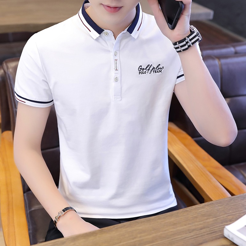 夏季潮流男裝襯衫領POLO衫2021新款有帶領短袖T恤男翻領半袖衣服-細節圖3