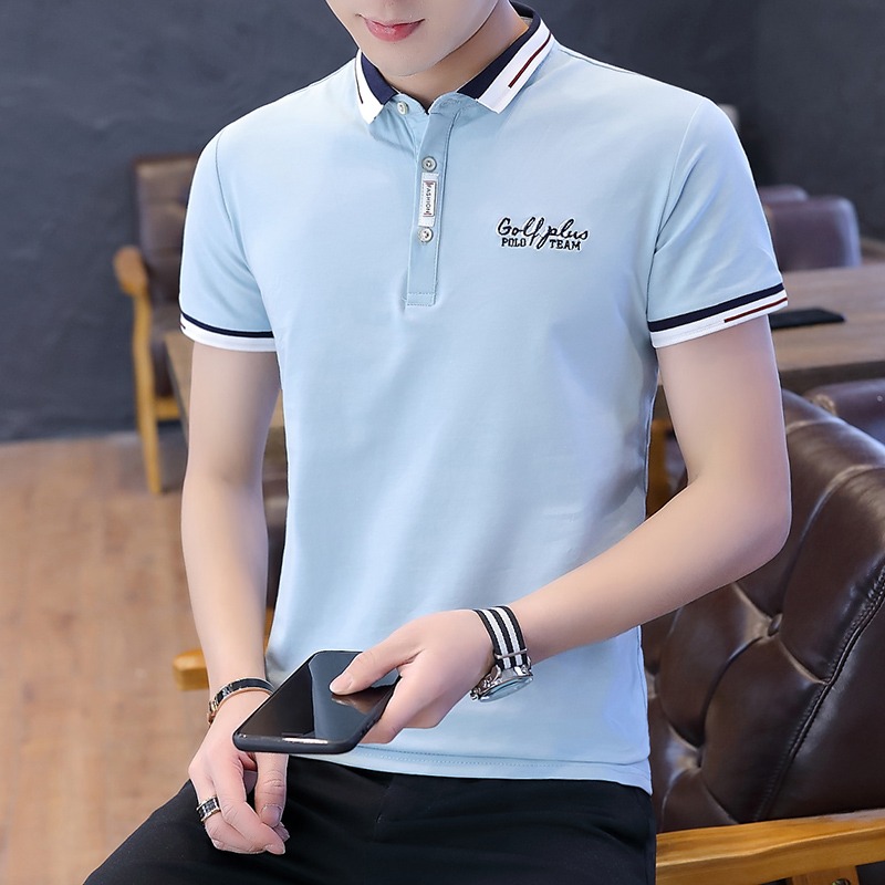 夏季潮流男裝襯衫領POLO衫2021新款有帶領短袖T恤男翻領半袖衣服-細節圖5