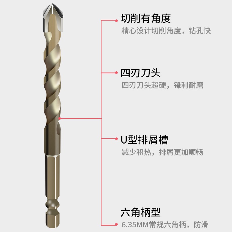 瓷磚鉆頭四刃沖擊霸王六角柄混凝土三角鉆電玻璃打孔專用大全轉頭-細節圖5
