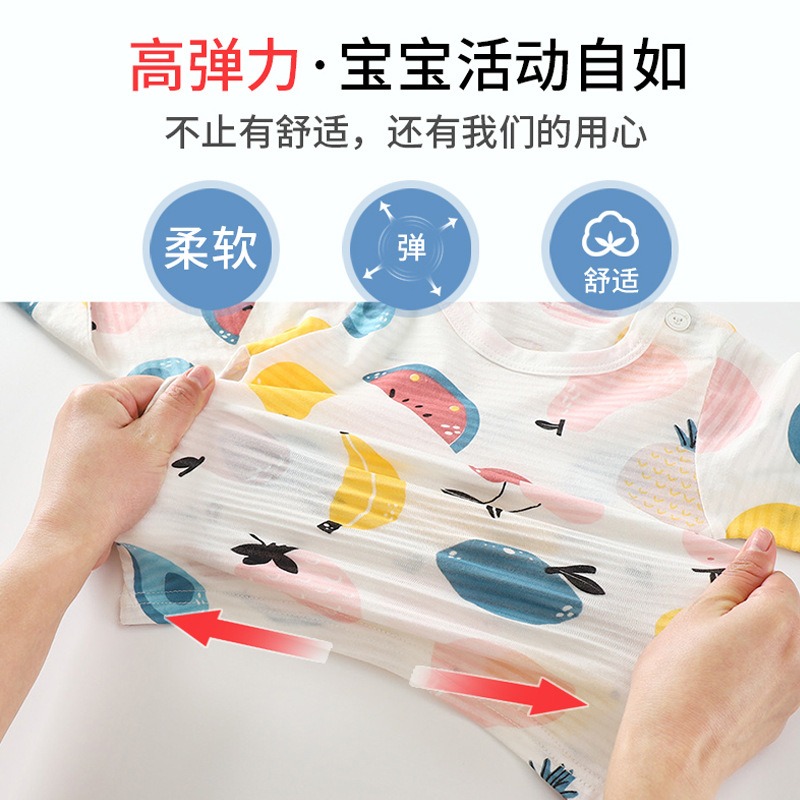 嬰兒衣服夏季短袖薄款睡衣套裝分體男女童空調服夏天竹節棉家居服-細節圖2