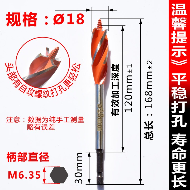 手電鉆四槽四刃門鎖抽屜木工鉆頭開孔自攻螺紋支羅鉆六角柄開孔器-細節圖6