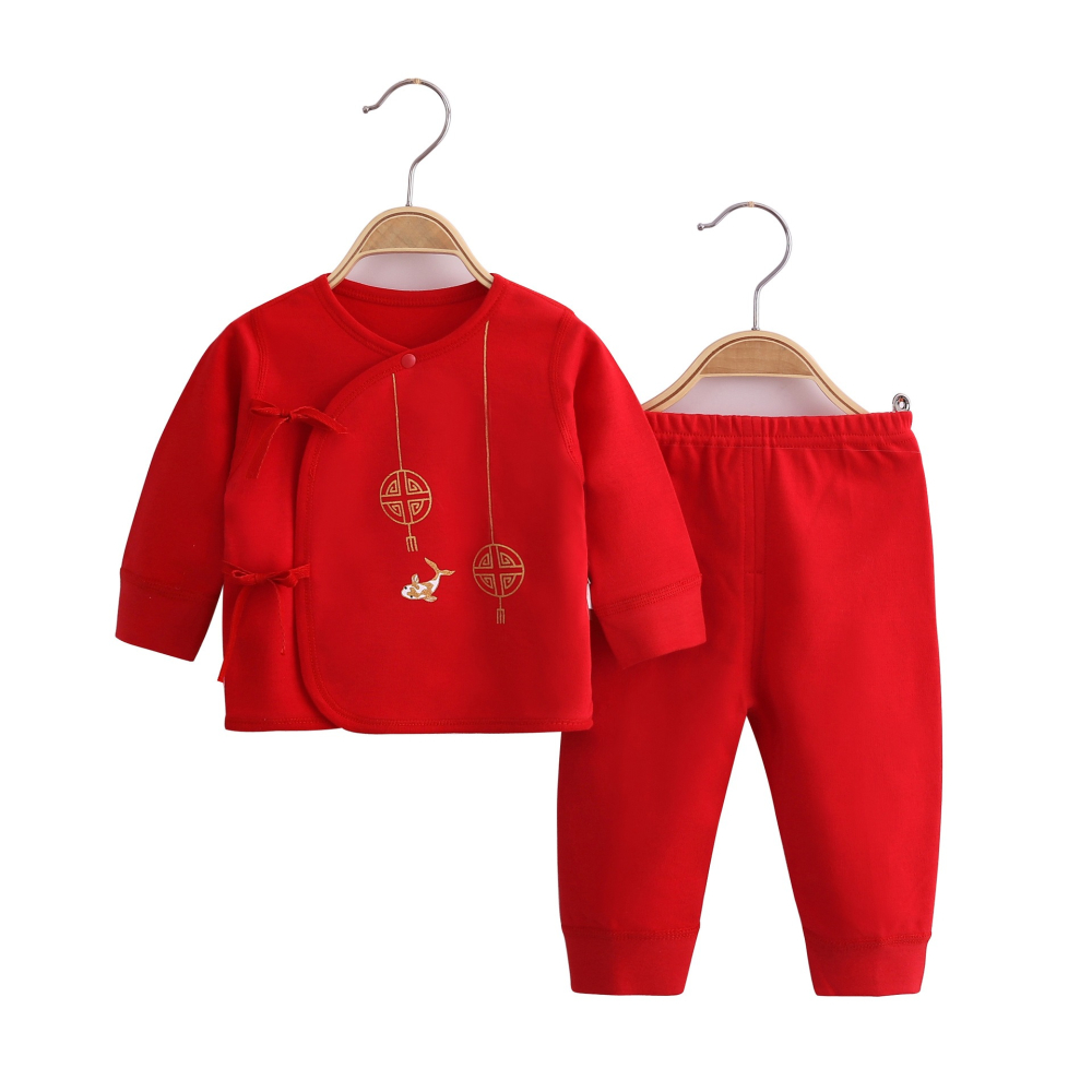 新生嬰兒衣服純棉分體套裝紅色喜慶滿月服初生寶寶和尚服打底內衣-細節圖5