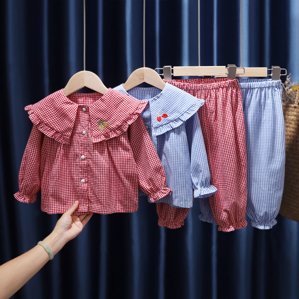 春秋新品女童寶寶小女孩格子家居服睡衣套裝純棉幼兒園空調房-細節圖3