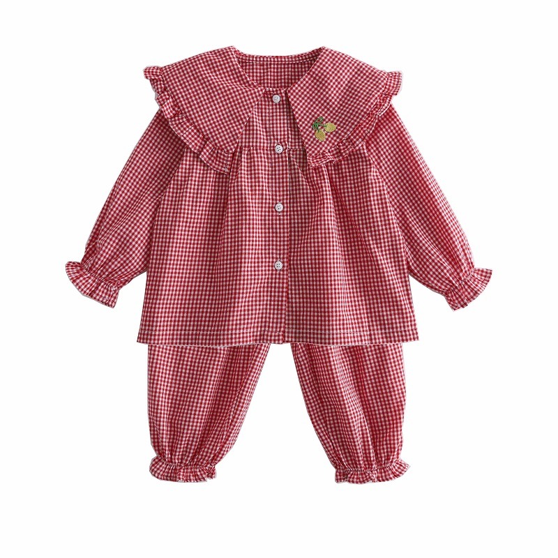 春秋新品女童寶寶小女孩格子家居服睡衣套裝純棉幼兒園空調房-細節圖5