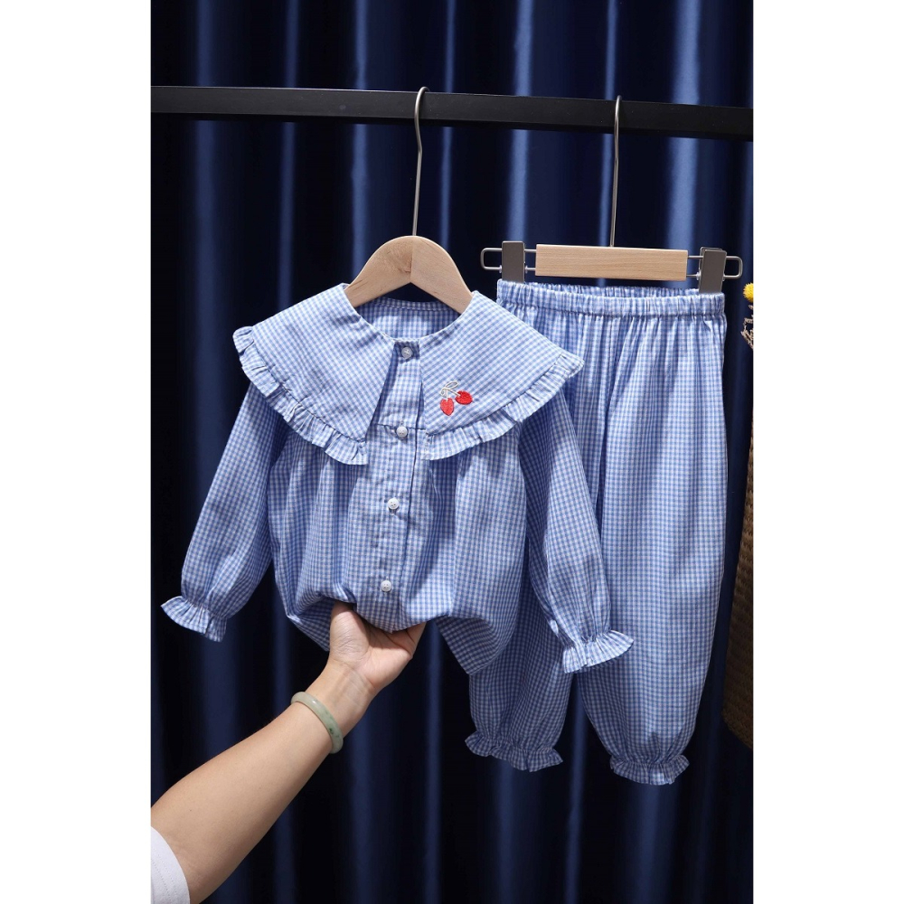 春秋新品女童寶寶小女孩格子家居服睡衣套裝純棉幼兒園空調房-細節圖6