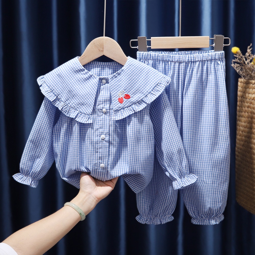 春秋新品女童寶寶小女孩格子家居服睡衣套裝純棉幼兒園空調房-細節圖7