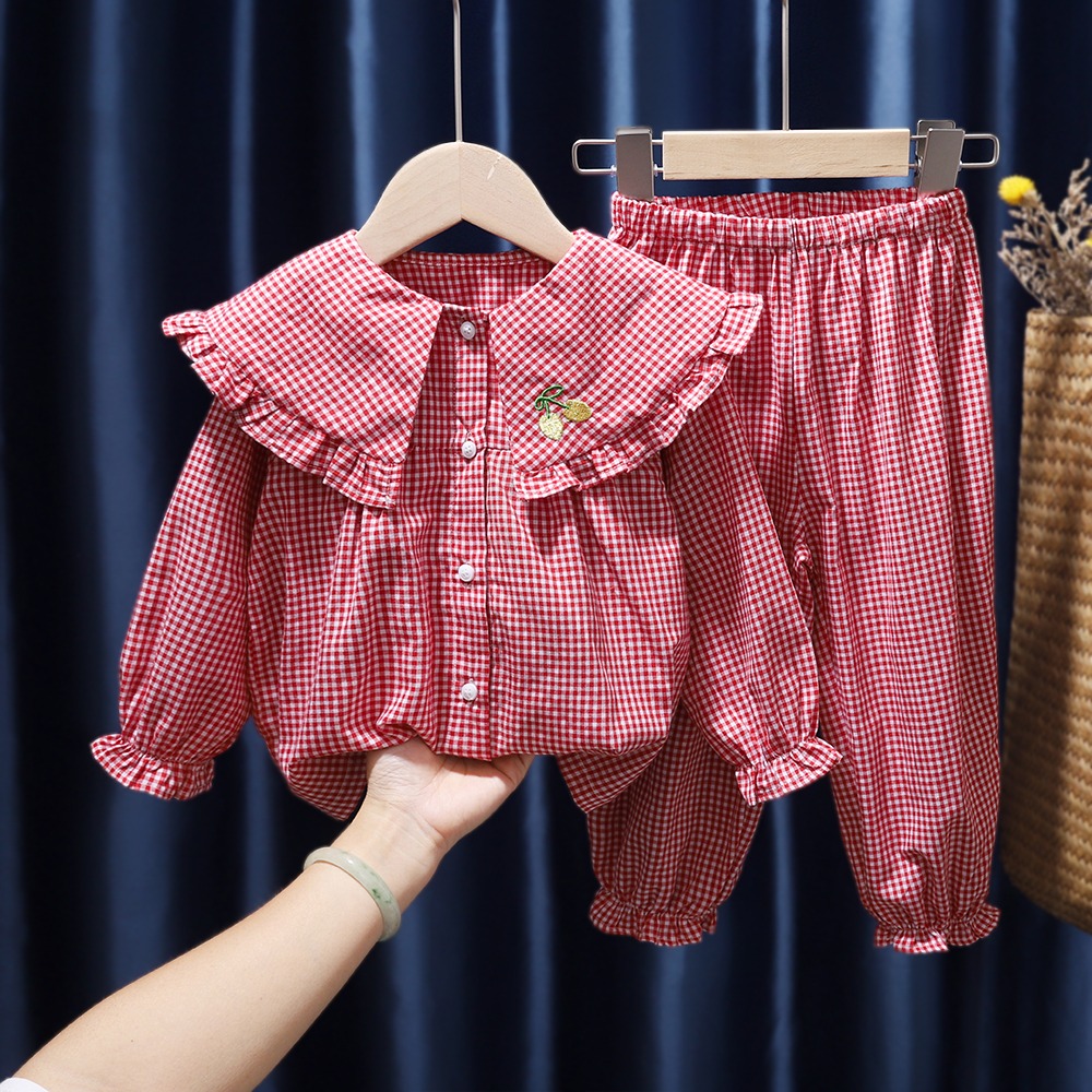 春秋新品女童寶寶小女孩格子家居服睡衣套裝純棉幼兒園空調房-細節圖8