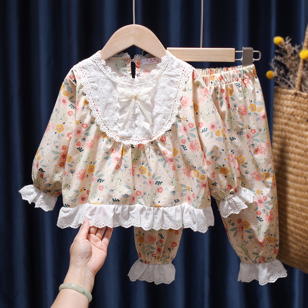 春秋新品女童寶寶小女孩格子家居服睡衣套裝純棉幼兒園空調房-細節圖9