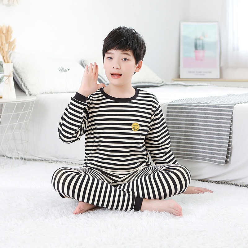 新款童裝中大童保暖內衣套裝加絨加厚男童秋冬女童睡衣條紋潮-細節圖3