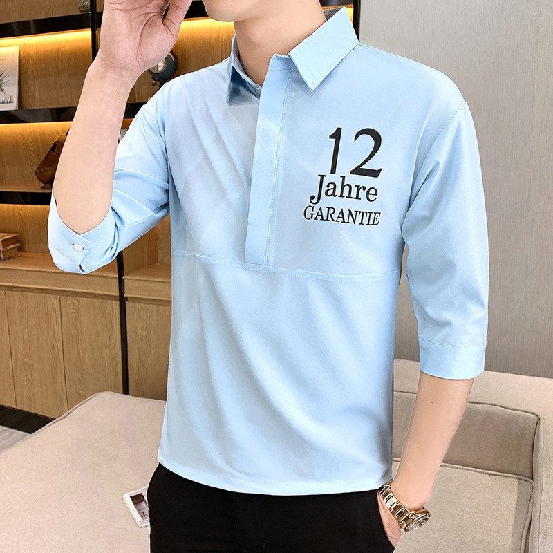 男士短袖襯衫男夏季韓版學生五分潮流t恤7分七分袖bf修身個性衣服-細節圖4