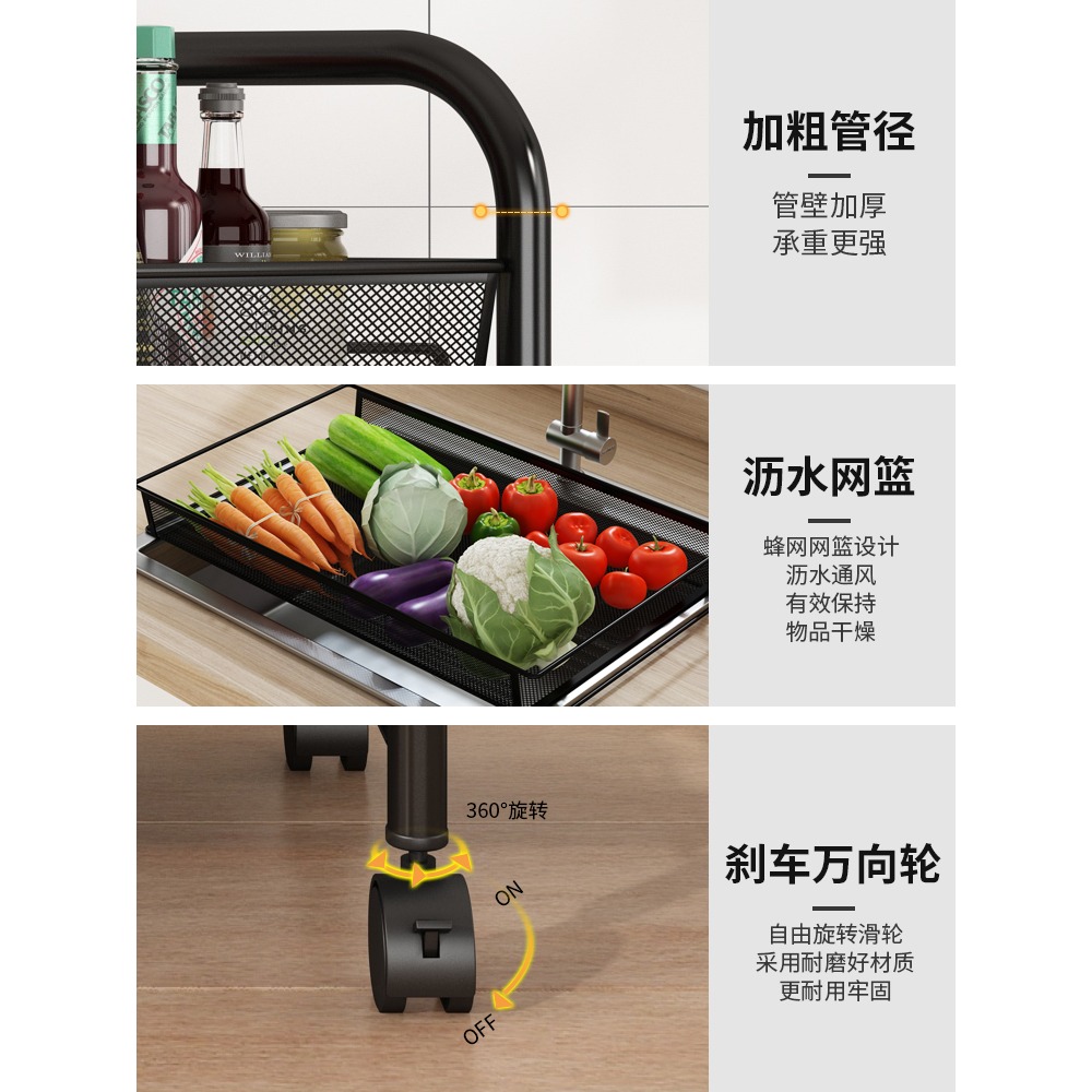 廚房置物架帶輪落地多層移動小推車收納架臥室放零食蔬菜籃筐架子-細節圖4
