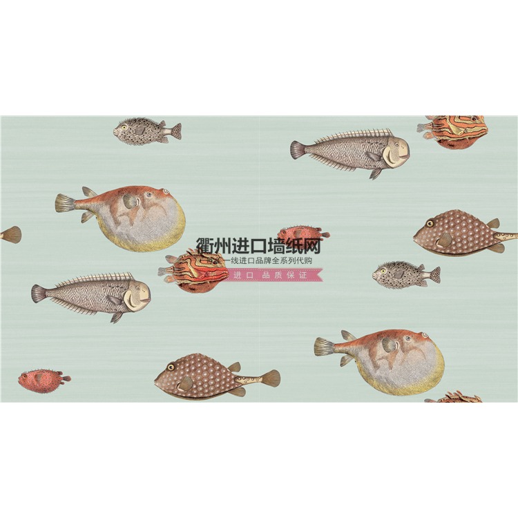 復古英國墻紙壁紙河豚熱帶魚兒童房壁布客廳臥室卡通墻布海洋生物-細節圖5