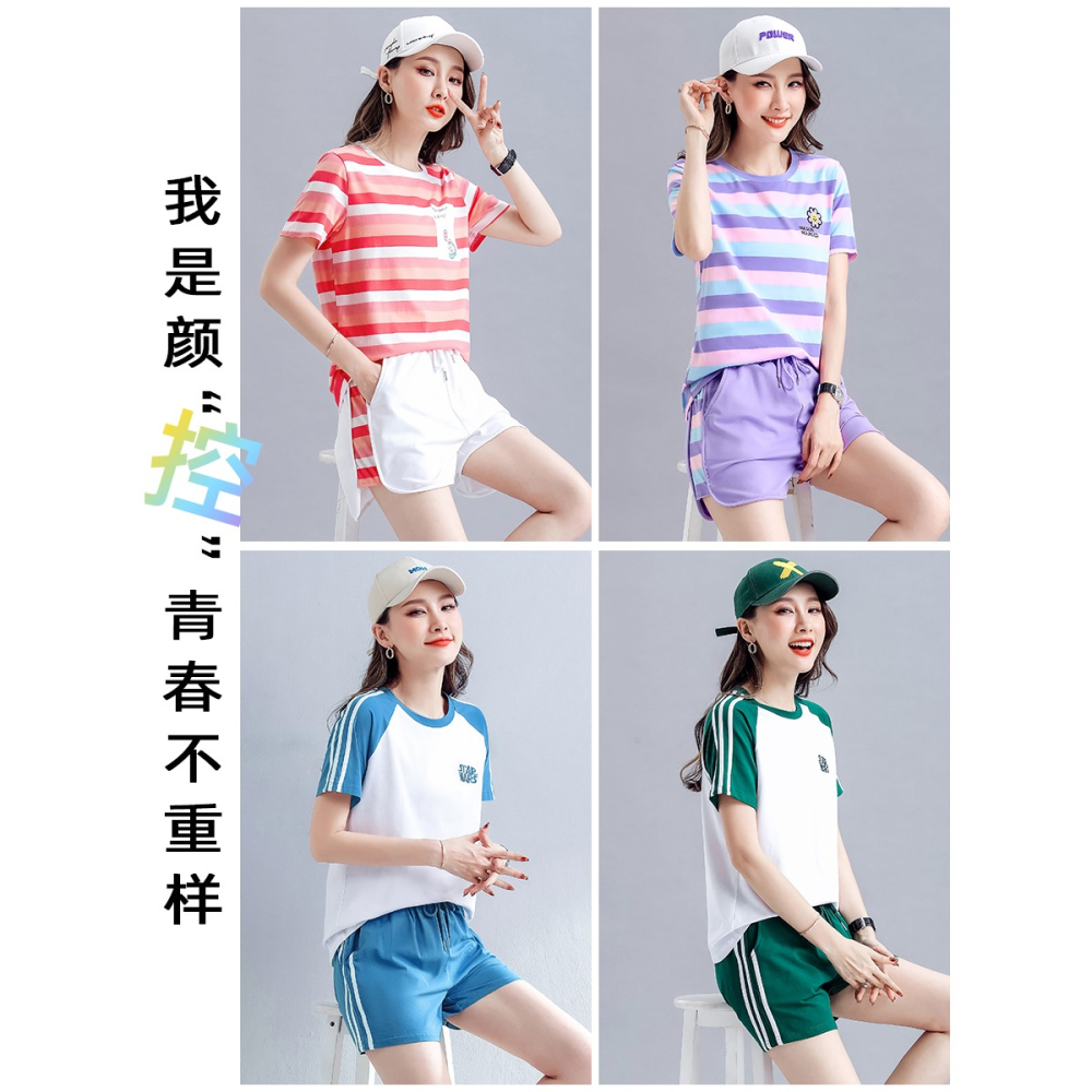 條紋年夏季新款女裝韓版兩件套裝跑步寬松休閑時尚套裝運動服-細節圖3