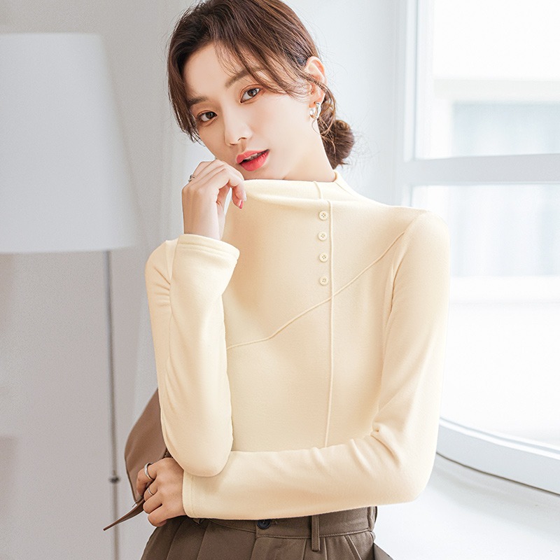 德絨半高領白色打底衫女內搭春秋年新款設計感加絨加厚上衣潮-細節圖4
