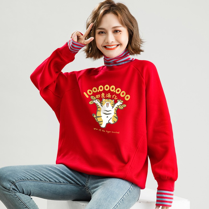 虎年限定】新年款衛衣女年冬裝虎年紅色運動套頭加絨加厚上衣-細節圖2