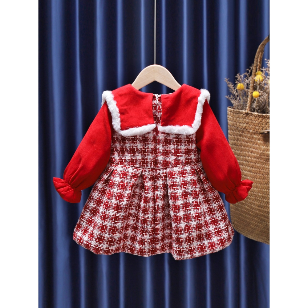 女童加厚公主裙拜年新年服秋冬裝新款洋氣女寶寶小熊大紅裙子-細節圖2