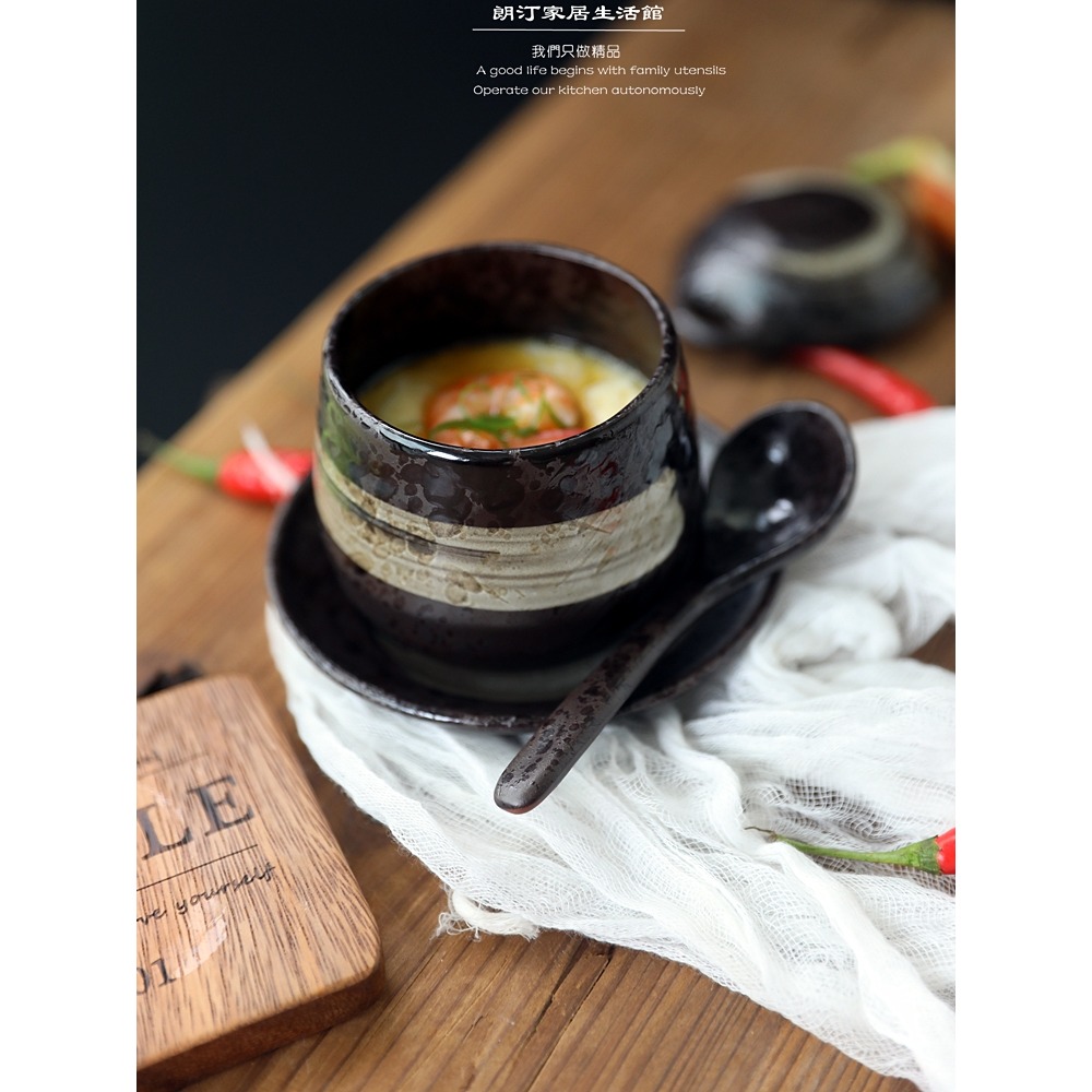 日式和風粗陶蒸蛋盅燕窩燉盅碗甜品盅調味罐（配送勺子碟子）-細節圖3