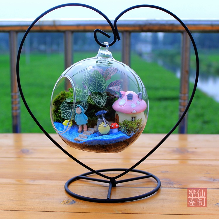 微景觀鐵架玻璃花瓶 透明懸掛圓瓶 苔蘚DIY花瓶 創意家居工藝品-細節圖3