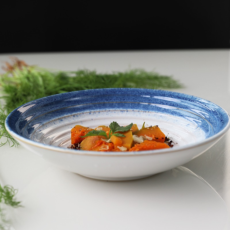 創意螺紋斗笠碗喫麪碗9.5英寸家用大碗拌麪沙拉碗圓形陶瓷碗湯盤-細節圖5