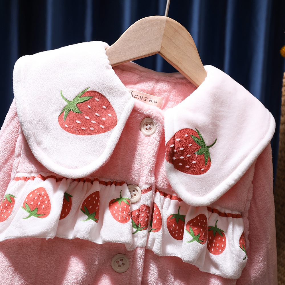 童裝冬裝女童棉絨家居服兒童草莓長袖睡衣女寶寶時尚可愛加厚套裝-細節圖3
