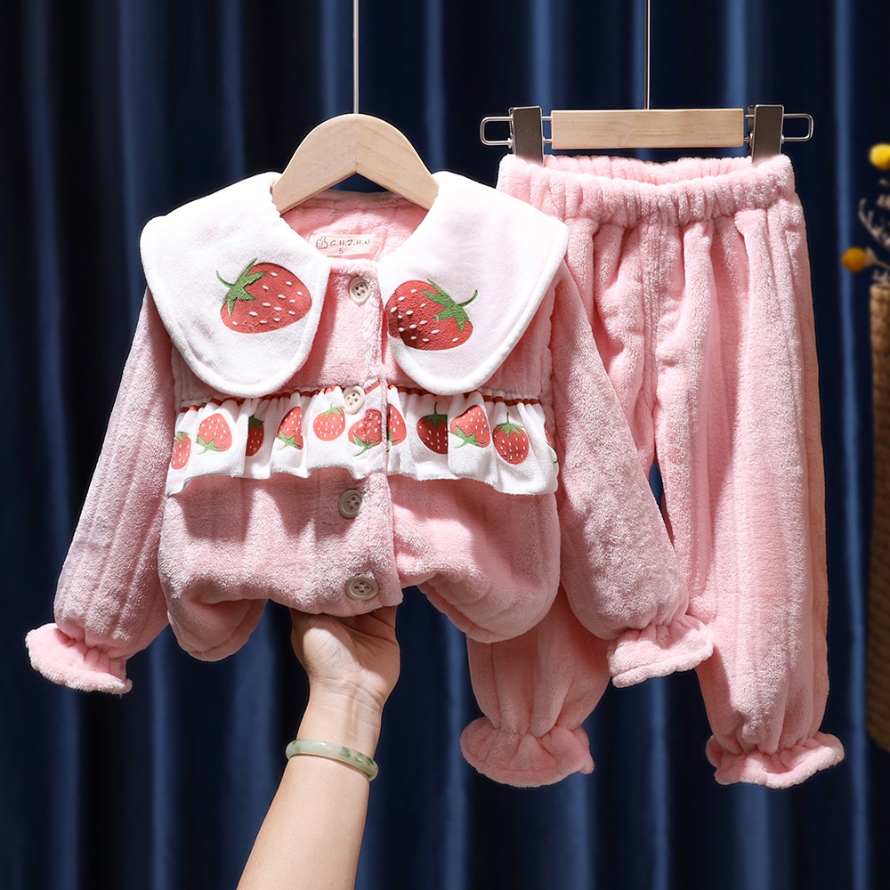 童裝冬裝女童棉絨家居服兒童草莓長袖睡衣女寶寶時尚可愛加厚套裝-細節圖6