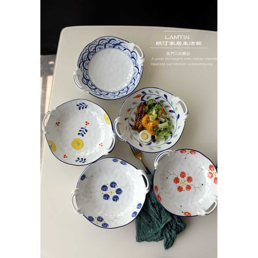 超實用推薦釉下彩手繪雙耳深盤 日式菜盤水果沙拉盤家用餃子盤-細節圖3
