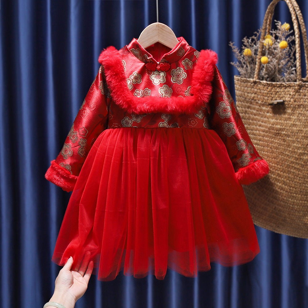 女童加絨唐裝新款中國風寶寶洋氣復古公主連衣裙拜年服禮服新年裝-細節圖6