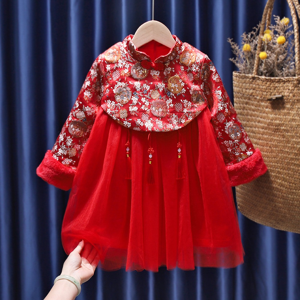 女童加絨唐裝新款中國風寶寶洋氣復古公主連衣裙拜年服禮服新年裝-細節圖7
