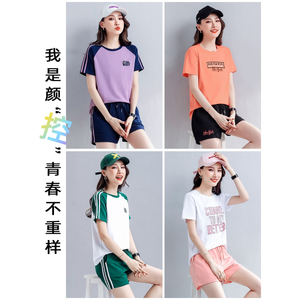 年春夏裝新款時尚休閑跑步健身房運動服短袖短褲純棉運動套裝-細節圖2