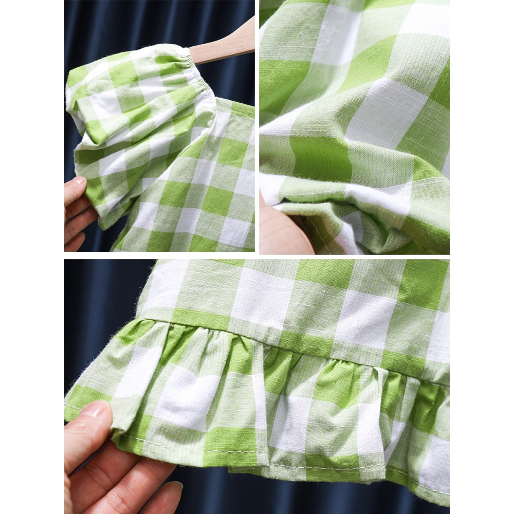 女童泡泡袖格子襯衫夏季修身清新格子吸汗洋氣時尚純棉恤短袖-細節圖5