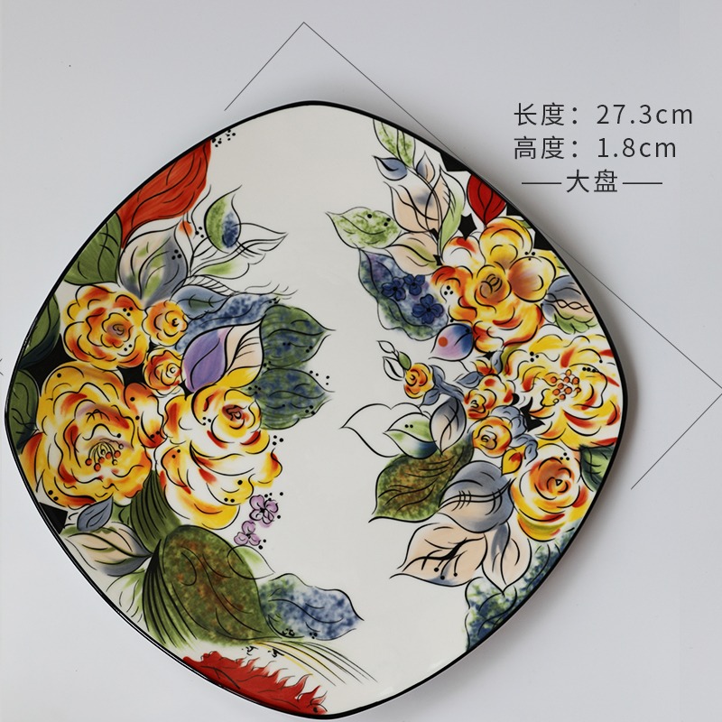 日式陶瓷餐具創意個性手繪碗盤碟組合 家用菜盤子 方形盤湯碗水杯-細節圖6