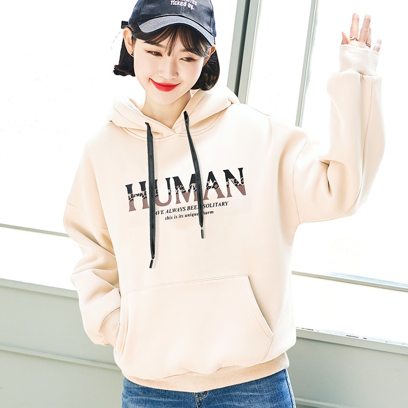 連帽衛衣女士加絨加厚年秋冬新款韓版寬松杏色爆款上衣ins潮-細節圖2