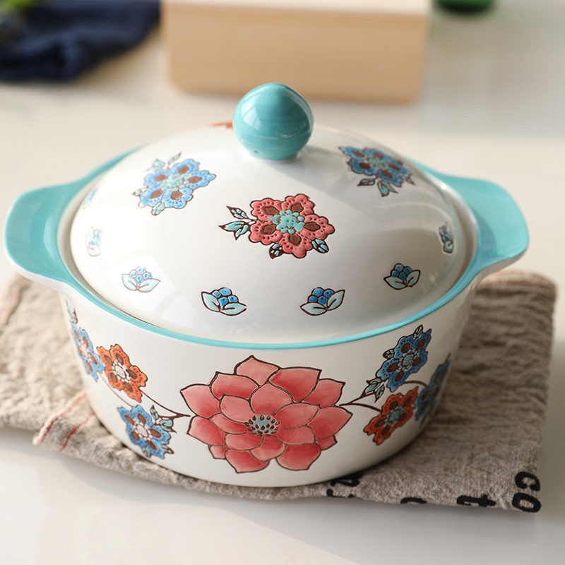 歐式純手繪陶瓷雙耳湯碗烤碗家用早餐碗可愛甜品碗泡麪碗帶蓋-細節圖2