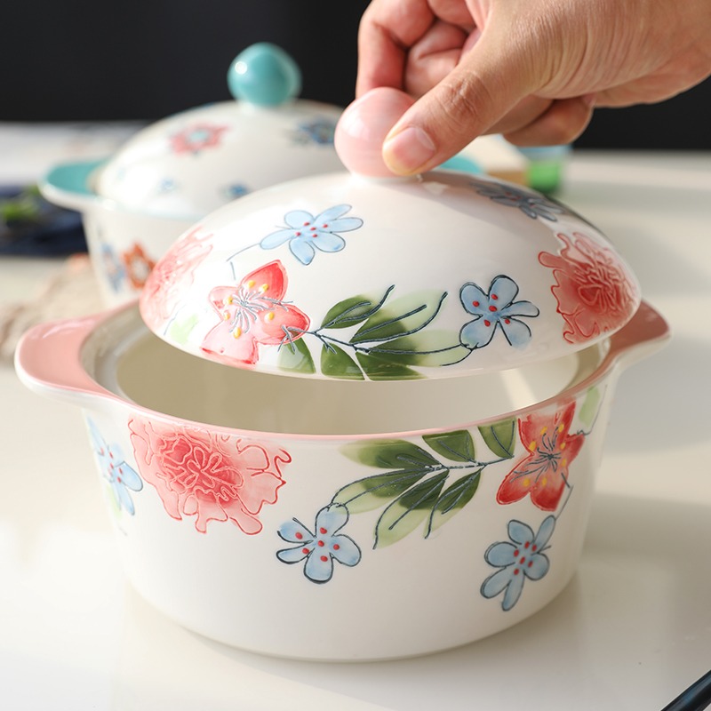 歐式純手繪陶瓷雙耳湯碗烤碗家用早餐碗可愛甜品碗泡麪碗帶蓋-細節圖4