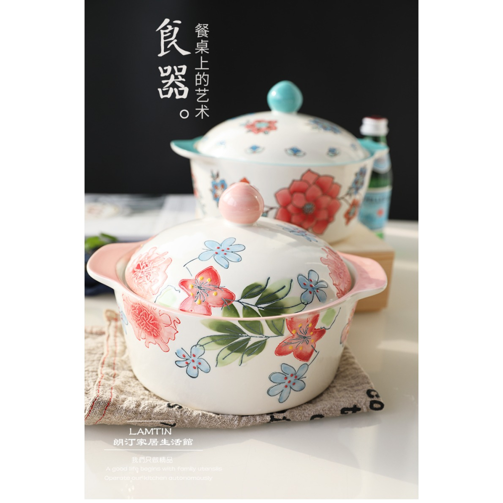 歐式純手繪陶瓷雙耳湯碗烤碗家用早餐碗可愛甜品碗泡麪碗帶蓋-細節圖7